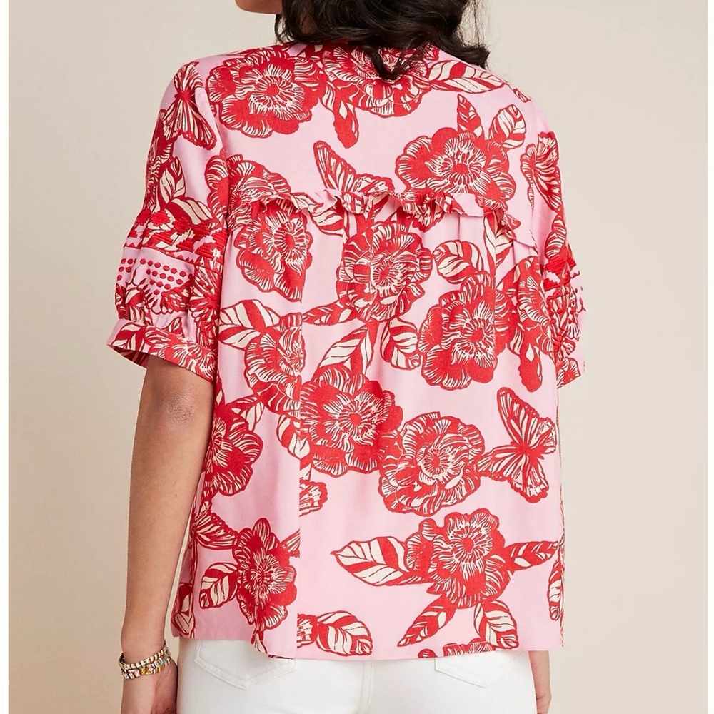 Women's Pink and Red Floral V-Neck Blouse - Picture 8 of 10
